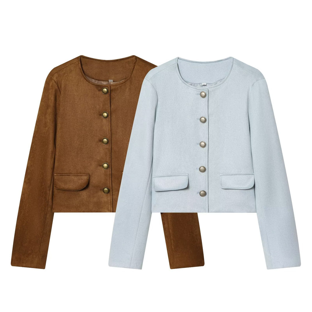 Women's Tailored Cropped Boucle Jacket with Decorative Button Placket and Flap Pockets Mune Fashion
