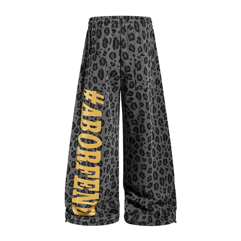 Women's Wide Palazzo Sweatpants in Leopard Print with High Comfort Waistband, Drawstring and Golden Statement Print Mune Fashion