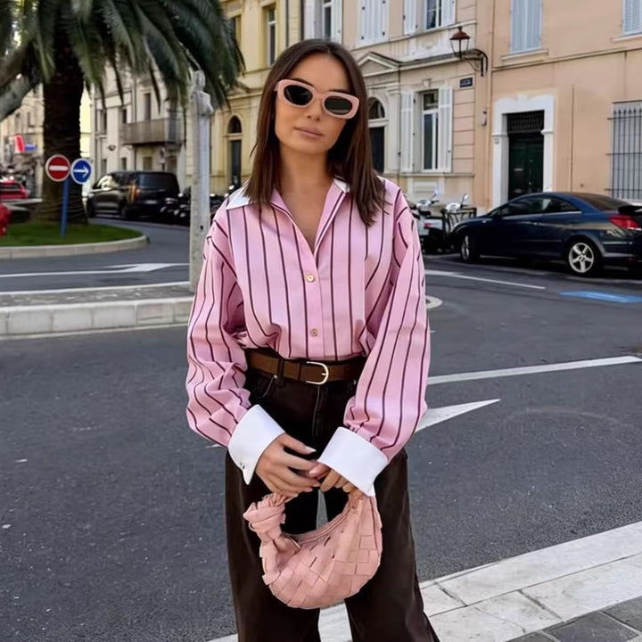 Women's loose button-up blouse with contrast collar and cuffs Mune Fashion