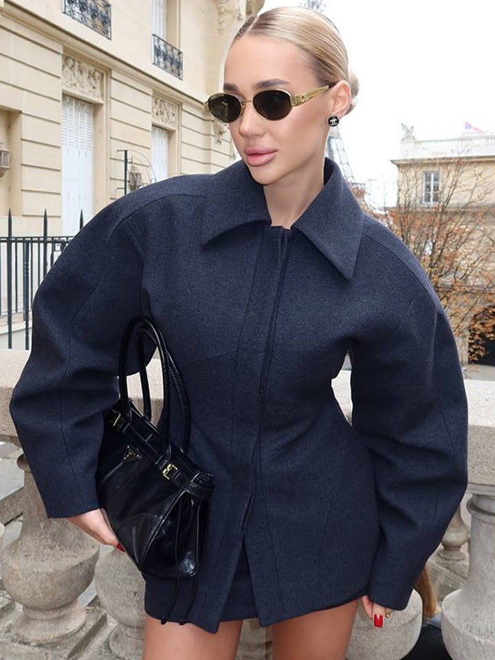 Women's Tailored Short Coat made of Wool Blend with Sculptural Balloon Sleeves Mune Fashion