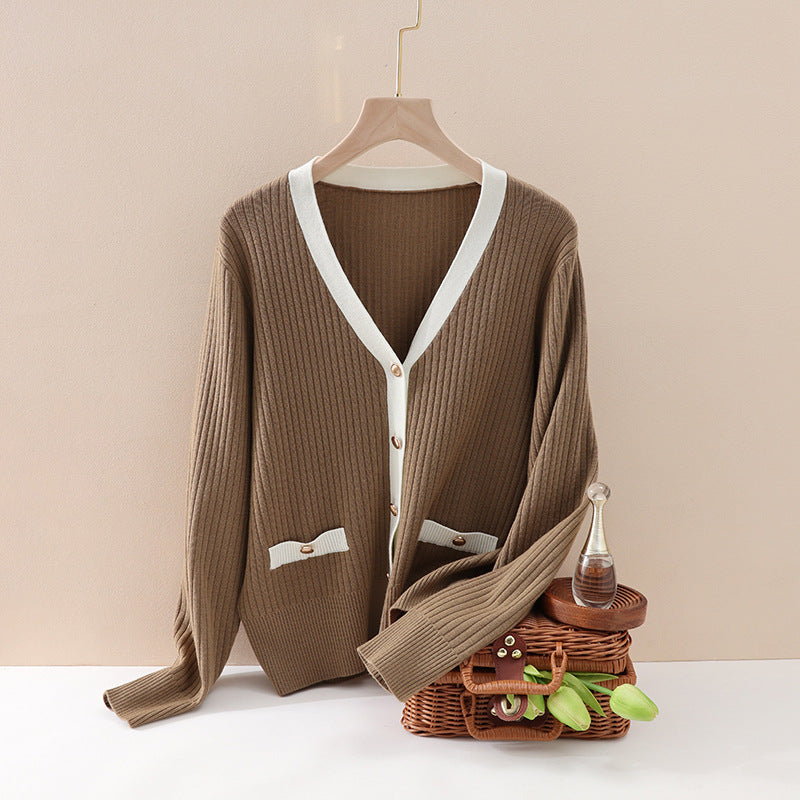 Women’s marine-inspired ribbed knit cardigan with polo collar and decorative button placket Mune Fashion