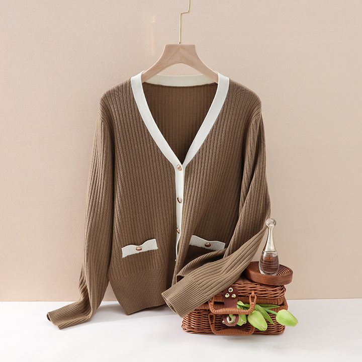 Women’s marine-inspired ribbed knit cardigan with polo collar and decorative button placket Mune Fashion
