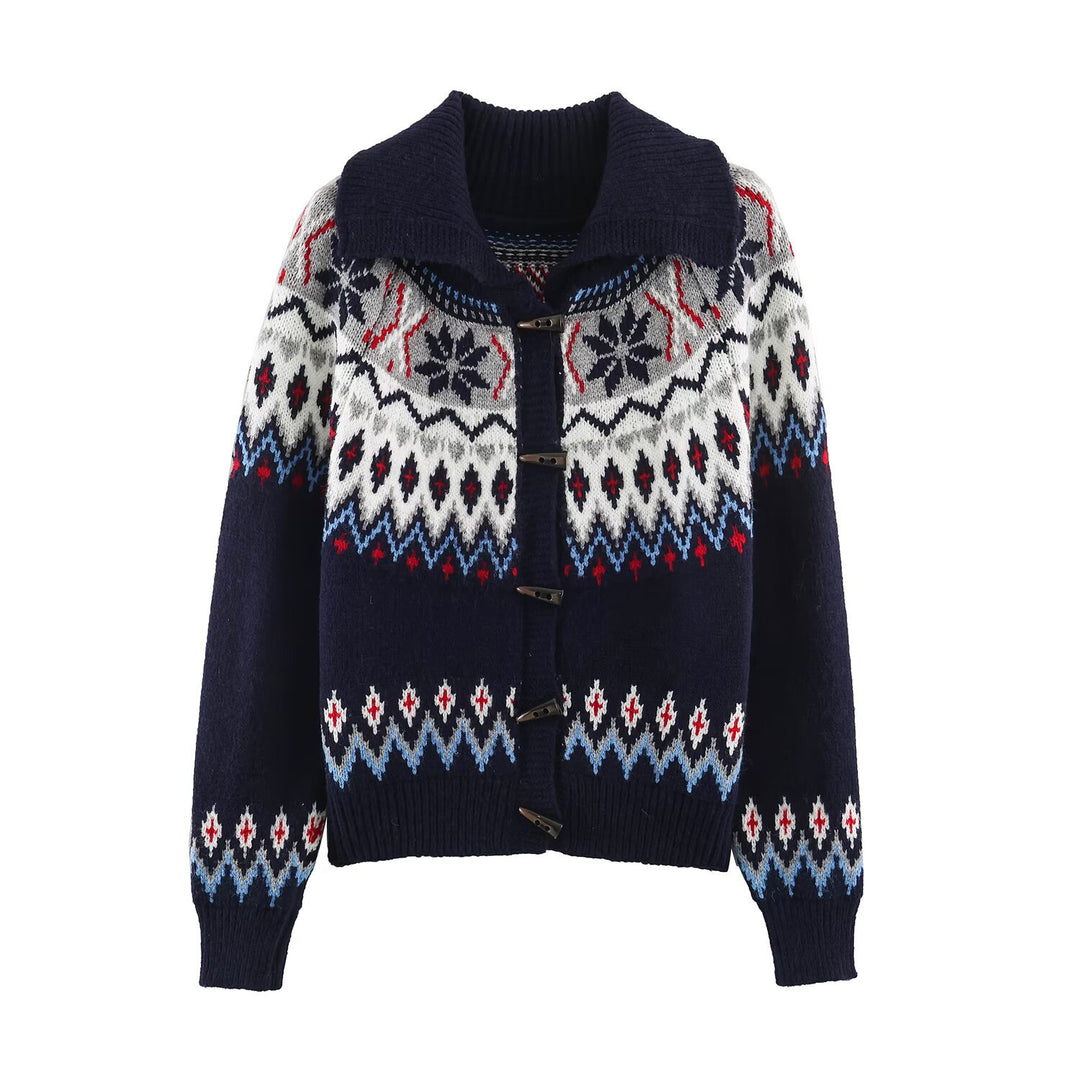 Women Chunky Knit Norwegian Cardigan with Shawl Collar and Horn Button Placket Mune Fashion