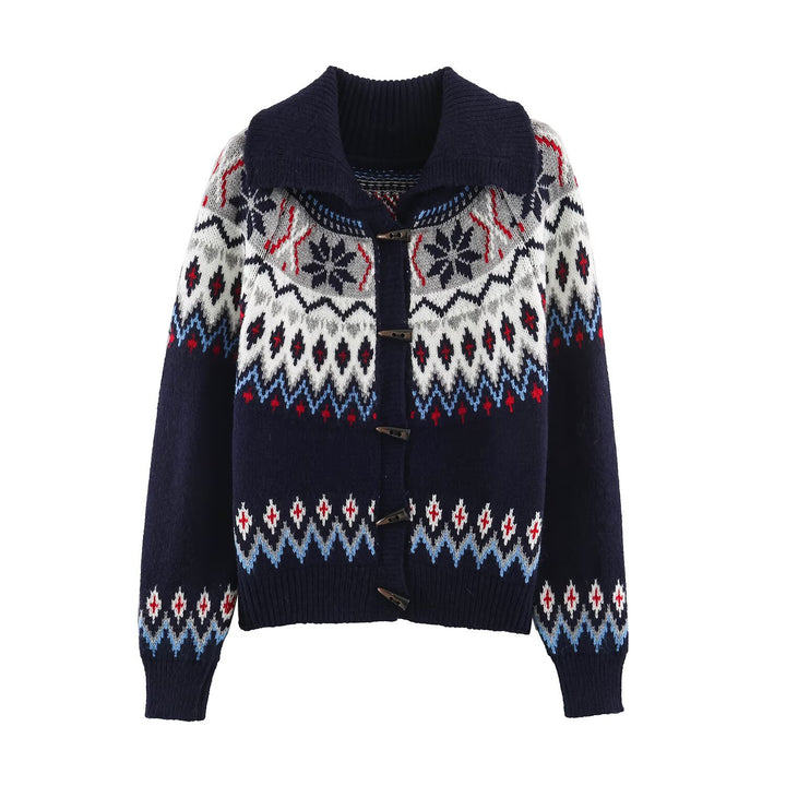 Women Chunky Knit Norwegian Cardigan with Shawl Collar and Horn Button Placket Mune Fashion