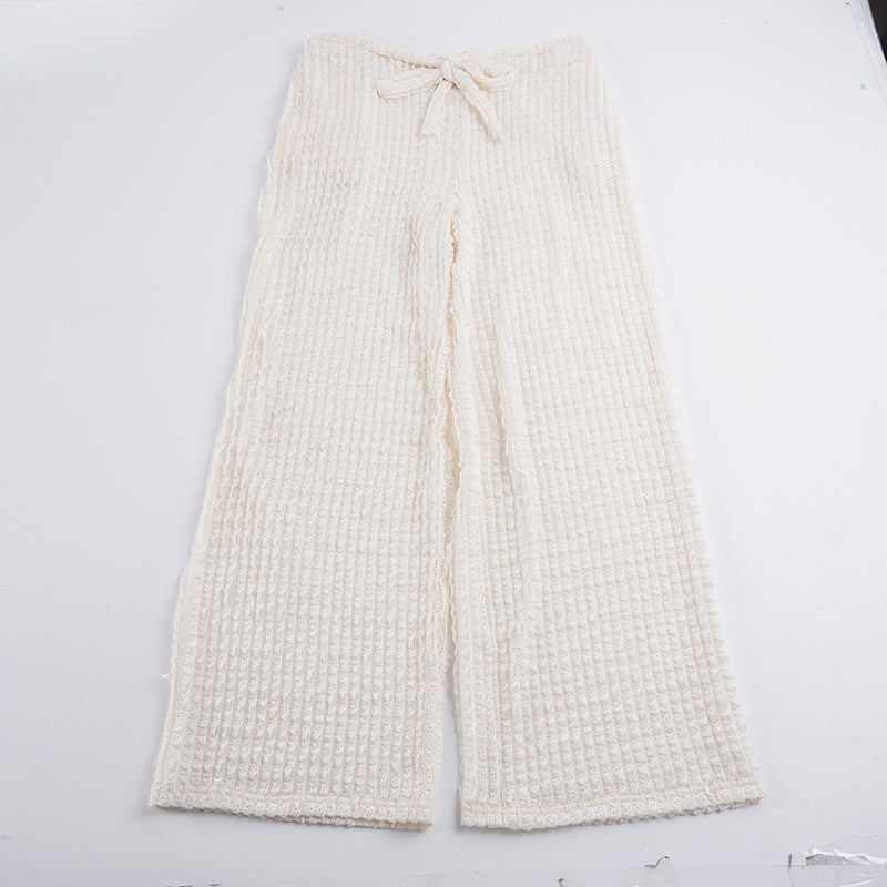 Women's cozy knit lounge pants with wide leg, high waist and drawstring Mune Fashion