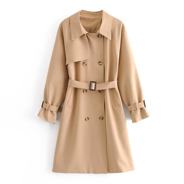 Women's Double-breasted Trench Coat with Waist Belt and Shoulder Yoke Mune Fashion