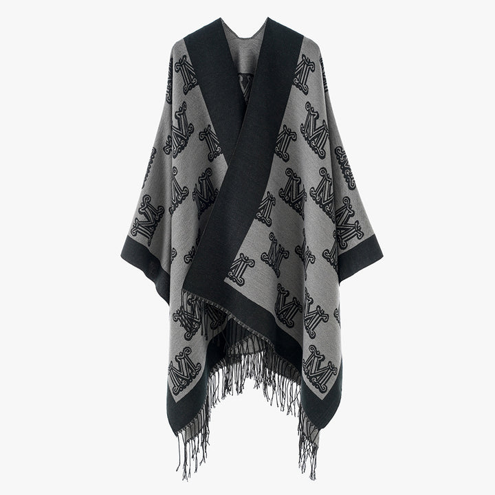 Women's Jacquard Cape with Monogram Pattern, Open V-Neck, and Fringe Hem Mune Fashion