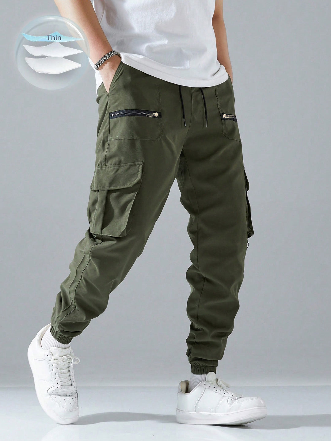 Men's slim cargo joggers with multiple zippered pockets, elastic ankle cuff, and drawstring Mune Fashion