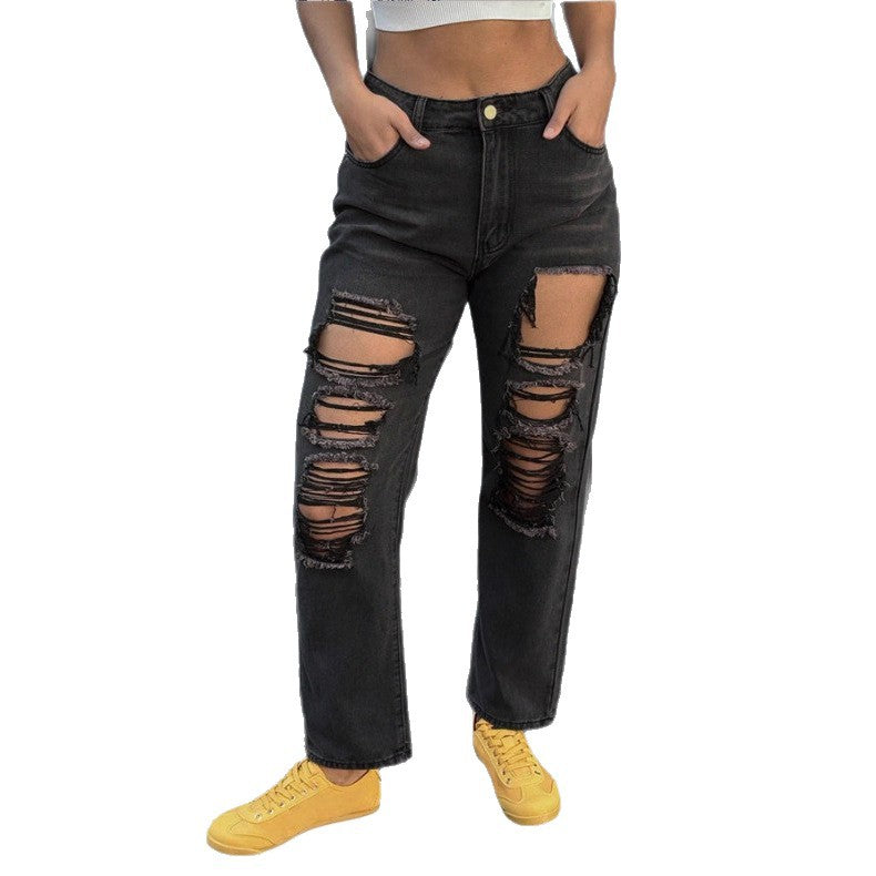 Ladies high-waisted ripped mom jeans with multiple knee cutouts and relaxed straight cut Mune Fashion
