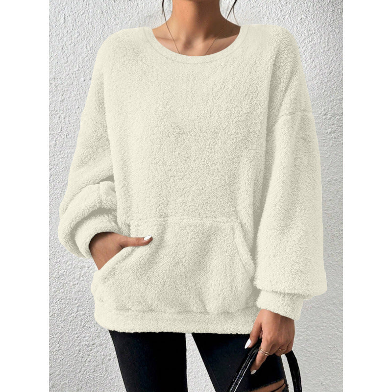 Ladies Cozy Oversized Sherpa Sweater with Kangaroo Pocket and Balloon Sleeves Mune Fashion