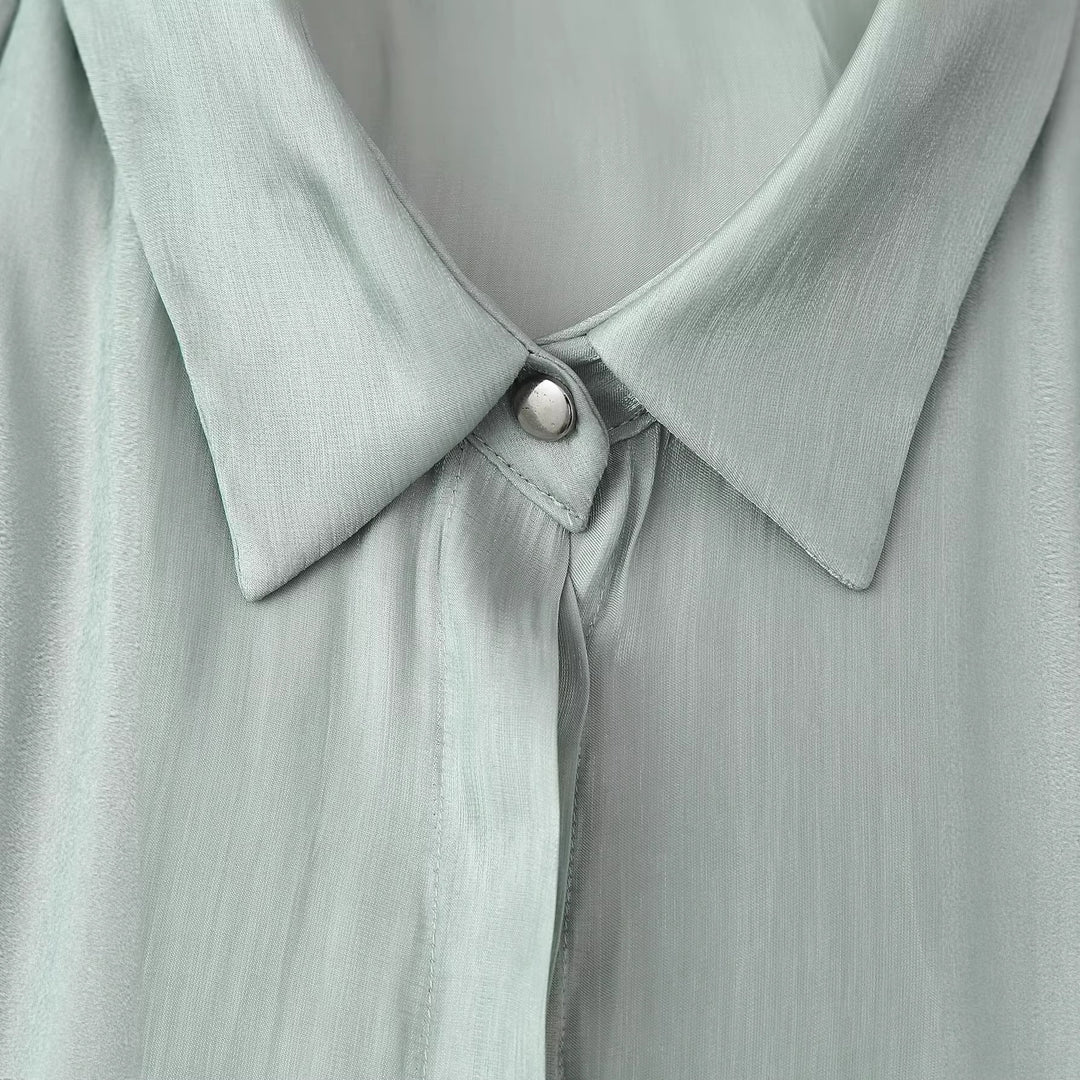 Women's Silky Blouse with Waistband and Concealed Button Placket Mune Fashion