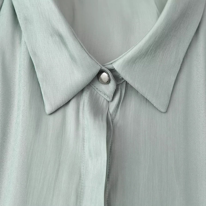 Women's Silky Blouse with Waistband and Concealed Button Placket Mune Fashion
