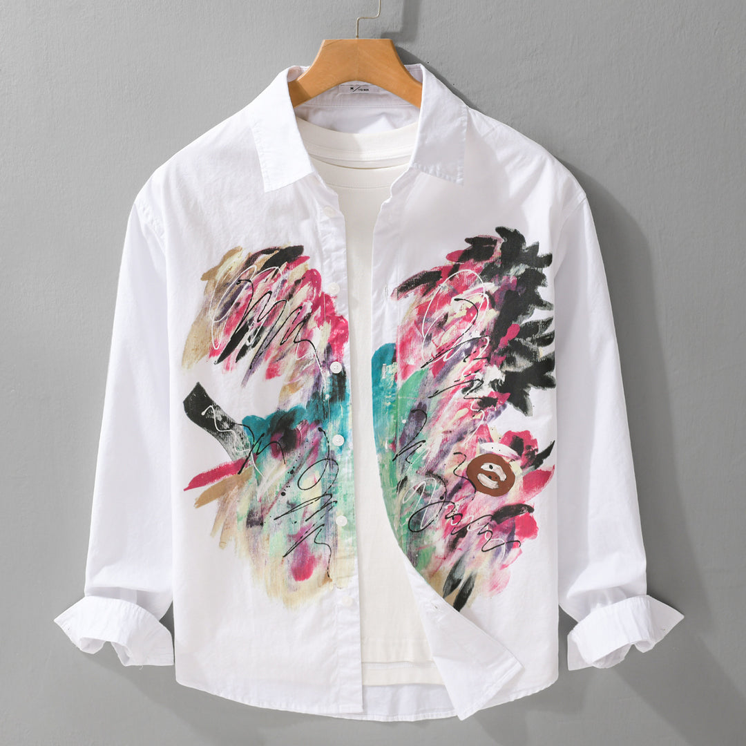 Women's long-sleeve shirt made of cotton poplin with artistic brush print and Kent collar Mune Fashion