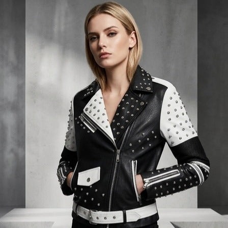 Women's Studded Biker Jacket made of Faux Leather with Waist Belt Mune Fashion