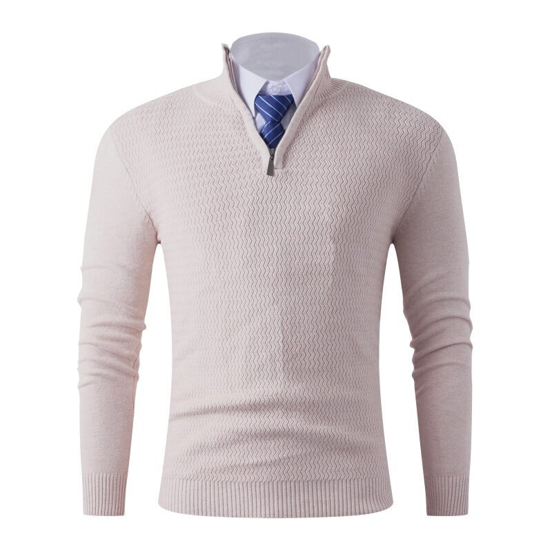 Men's fine knit pullover with stand-up collar and half zipper, textured knit and slim business casual fit Mune Fashion