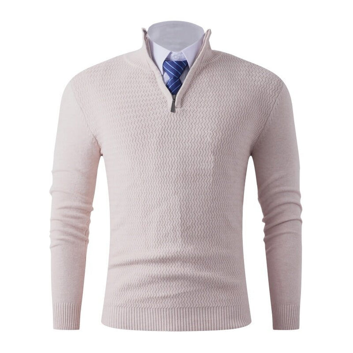 Men's fine knit pullover with stand-up collar and half zipper, textured knit and slim business casual fit Mune Fashion