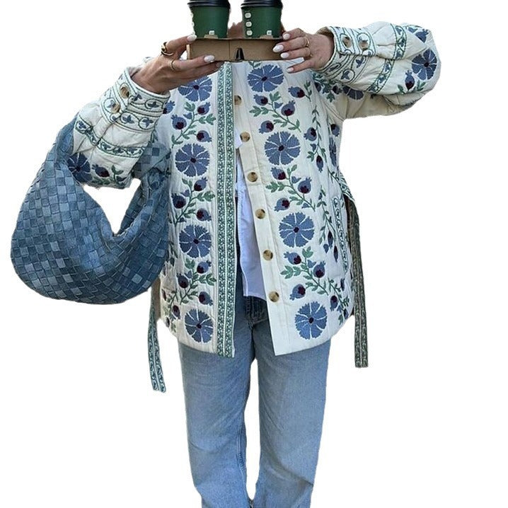 Women's cardigan with folk floral embroidery, button placket and loose fit Mune Fashion