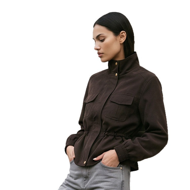 Women’s short jacket in utility style with waist drawstring and stand-up collar Mune Fashion