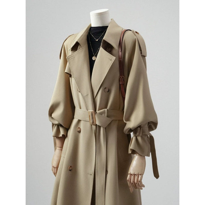 Women Double-breasted Trench Coat with Waist Belt and Balloon Sleeves Mune Fashion