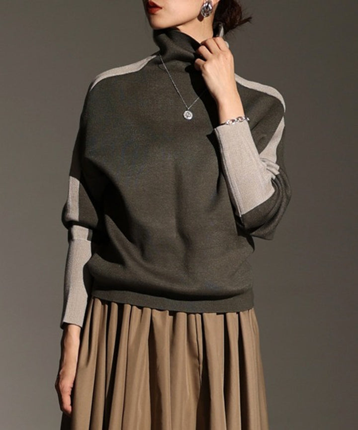 Women's Roll Neck Fine Knit Sweater with Wide Raglan Sleeves and Contrast Stripes Mune Fashion