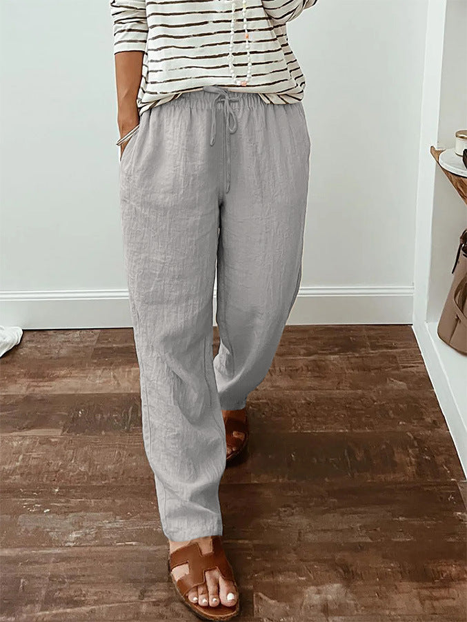 Women's lightweight linen look pants with elastic drawstring, front pockets and wide leg Mune Fashion