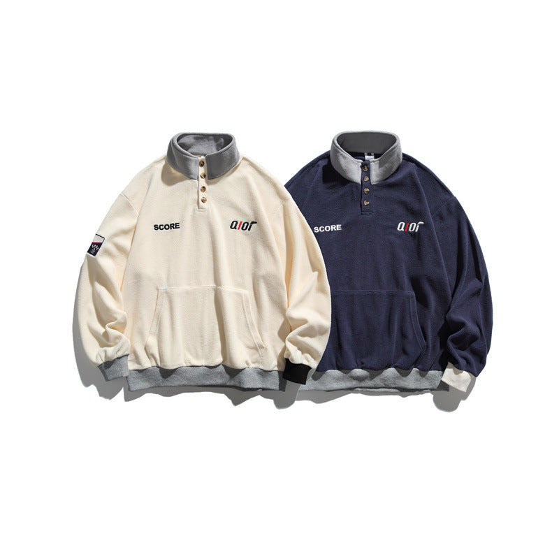 Unisex Fleece Half-Zip Pullover with Stand-Up Collar, Kangaroo Pocket and Contrast Cuffs Mune Fashion