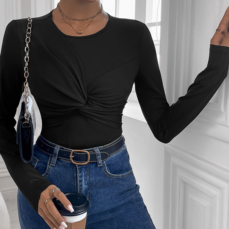 Women Figure-hugging Twist Long Sleeve with Knot Detail and Round Neckline Mune Fashion