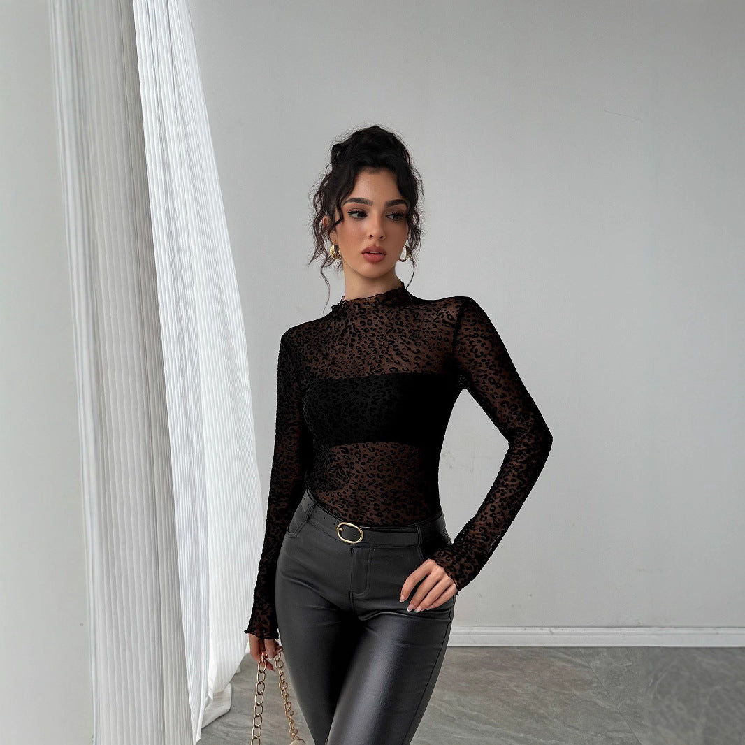 Women's tight-fitting transparent mesh top with raised velour flock leopard print and stand-up collar Mune Fashion