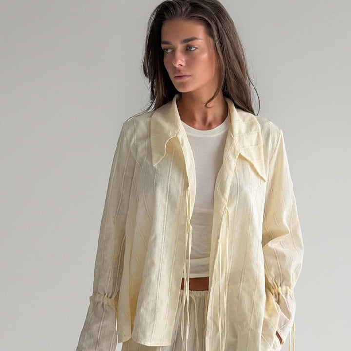 Women Loose Fitting Linen Look Blouse with Decorative Ties and Transparent Stripe Structure Mune Fashion