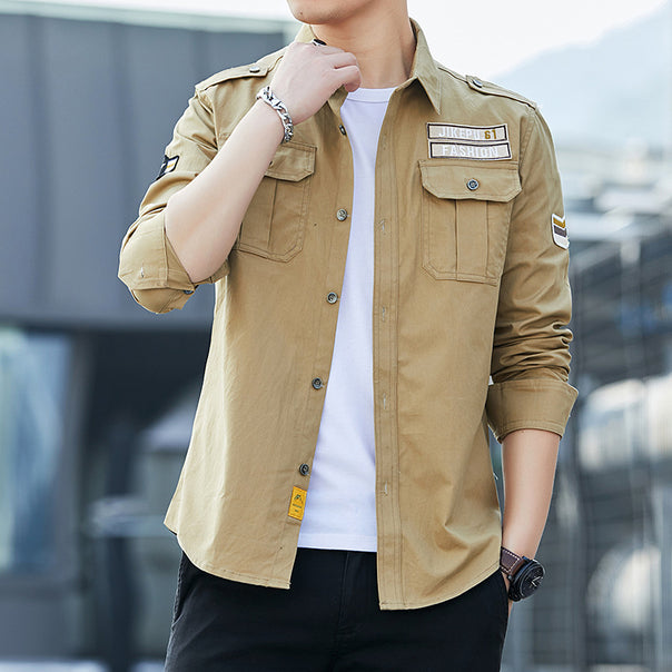 Men's overshirt in military utility style with shoulder epaulettes, chest flaps, and lightweight cotton blend Mune Fashion