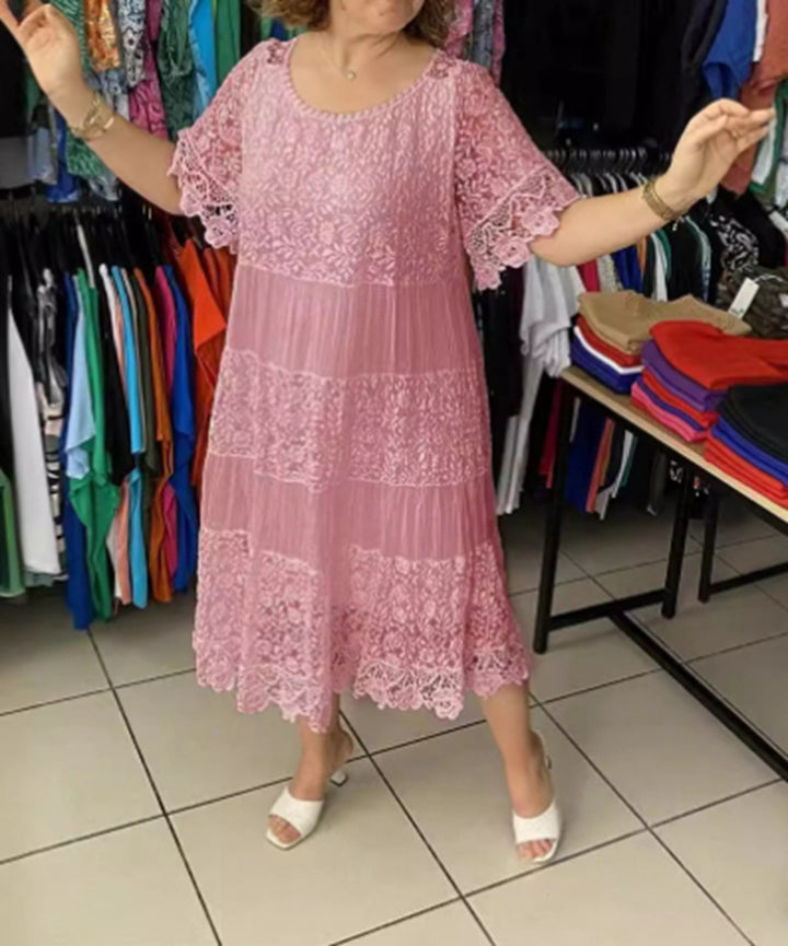 Women's multi-layered lace midi dress with pleated inserts and flounce sleeves Mune Fashion