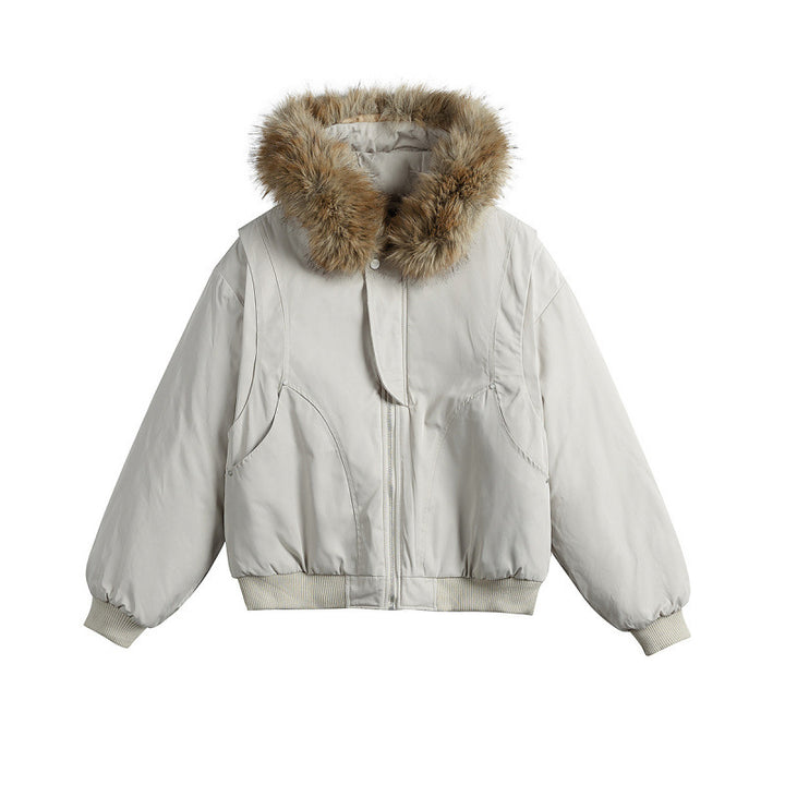 Women's short insulated field bomber jacket with hood and removable faux fur trim Mune Fashion