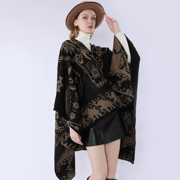 Women's jacquard kimono cape made of wool blend with ornamental animal motifs Mune Fashion