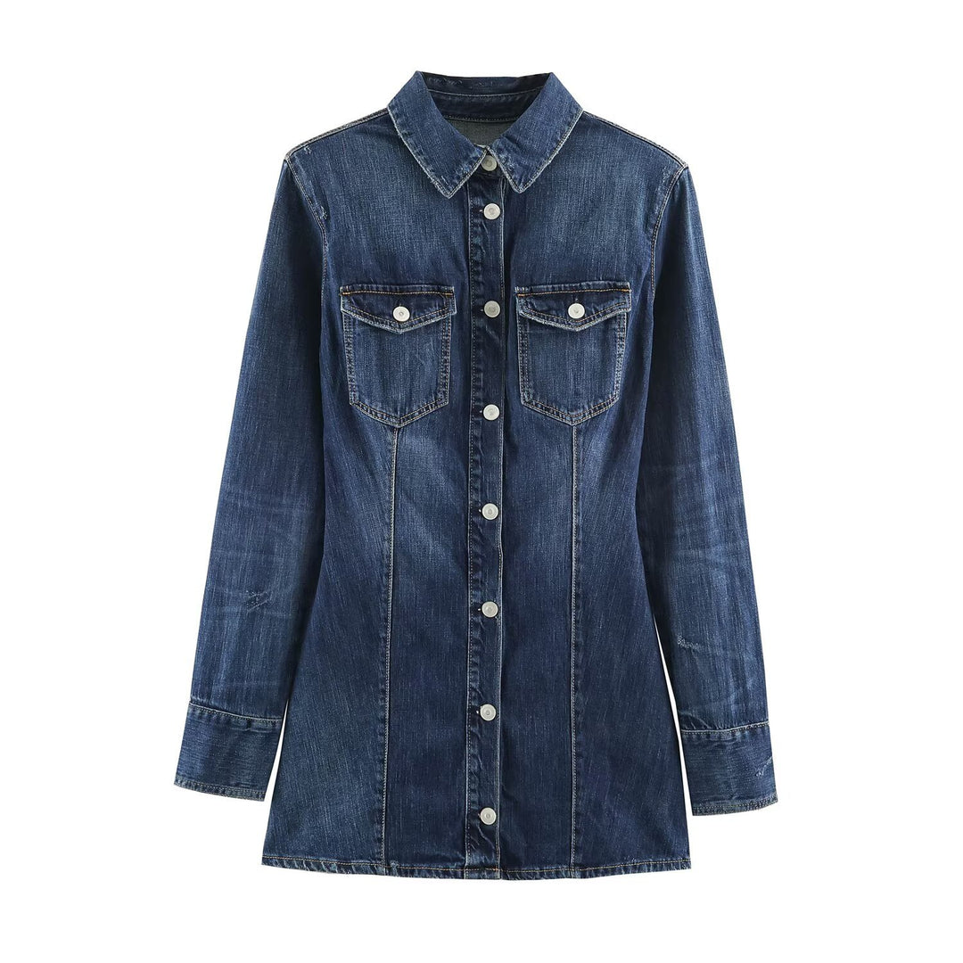 Women's Straight Denim Shirt Dress with Full Button Placket and Chest Pockets Mune Fashion