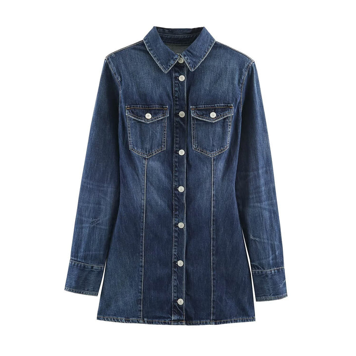 Women's Straight Denim Shirt Dress with Full Button Placket and Chest Pockets Mune Fashion