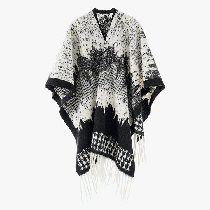 Women's Monochrome Jacquard Cape Poncho made of Wool Blend with Fringe and Oversize Fall Mune Fashion
