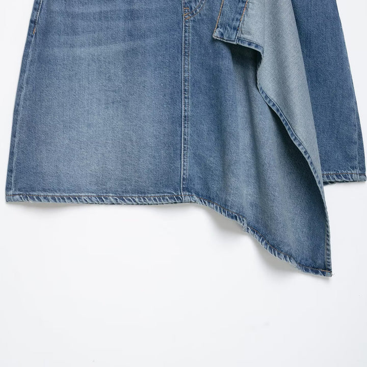 Women's Asymmetrical Denim Skirt with A-Line, Five-Pocket Details and Overlapping Ruffle Mune Fashion