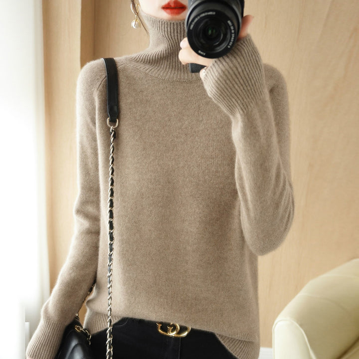 Women's Luxury Fine Knit Turtleneck Sweater with Thumbhole Cuffs and Feminine Shoulder Yoke Mune Fashion