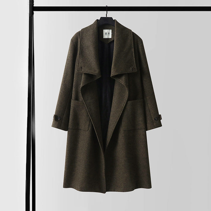 Ladies Elegant long wool mix cocoon coat with overlapping shawl collar and patch pockets Mune Fashion