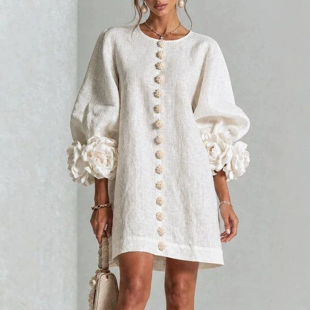 Women’s Short-Cut Linen Dress with 3D Flower Sleeves and Center Button Placket Mune Fashion