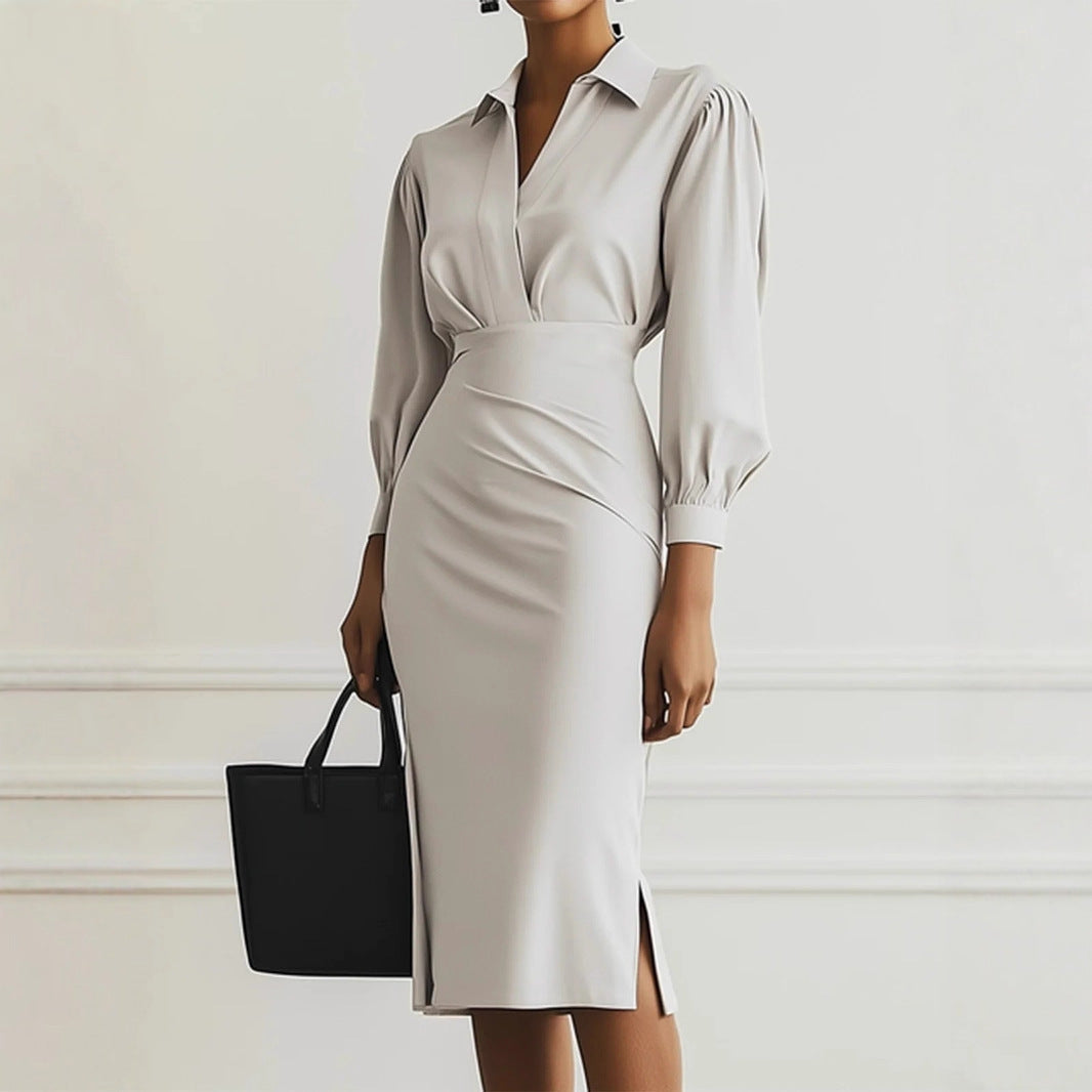 Ladies Elegant Wrap Dress with Sophisticated Collar and Tailored Silhouette Mune