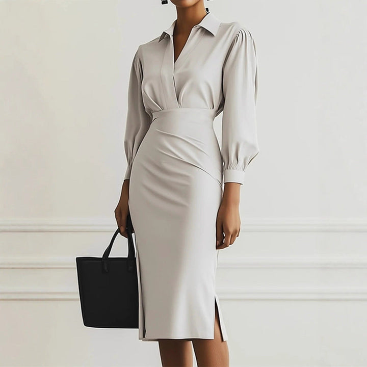 Ladies Elegant Wrap Dress with Sophisticated Collar and Tailored Silhouette Mune