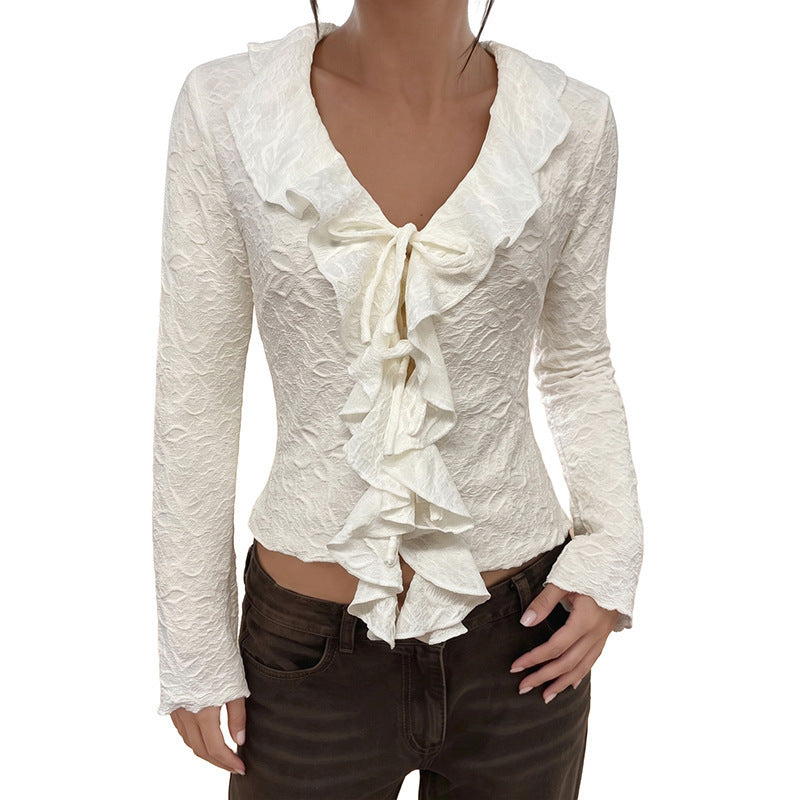 Women Elegant Ruffle Bodysuit with Deep V-Neck Mune Fashion