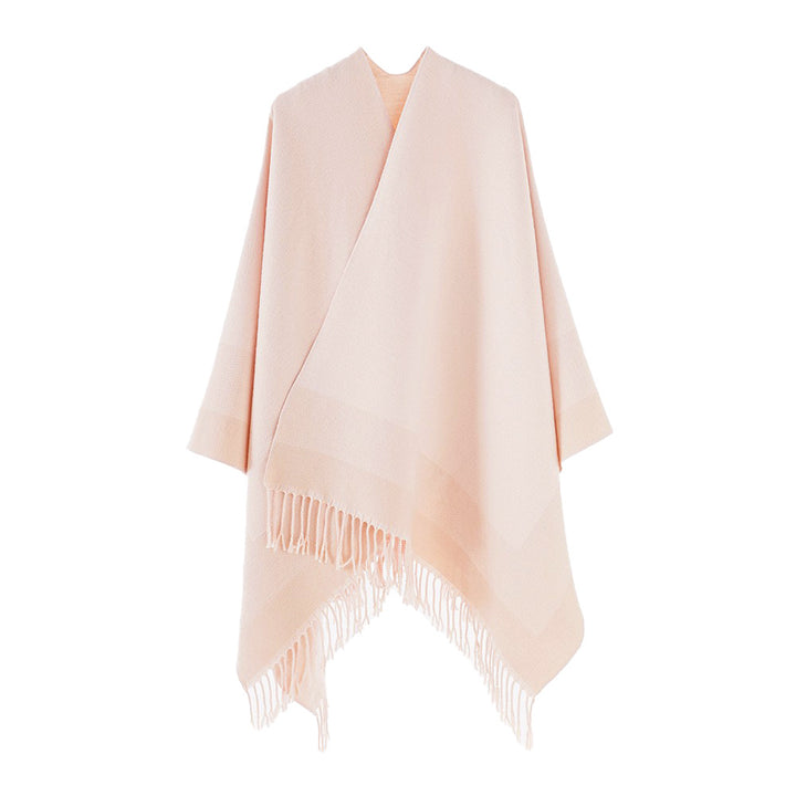 Women Rectangular Wool Blend Poncho Wrap with Open Front and Fine Fringe Hem Mune Fashion