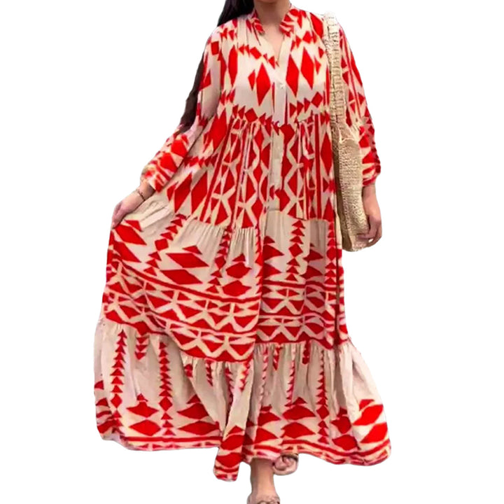 Women's Loose Maxi Dress in Boho Style with Graphic Print, V-Neck and Button Placket Mune Fashion