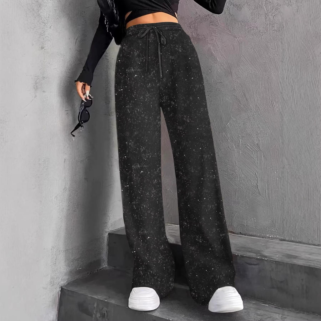 Women's wide knit pants with high-waisted waistband and drawstring Mune Fashion