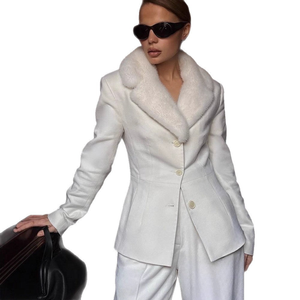 Ladies Tailored Blazer with Faux Fur Shawl Collar & Wide Pleated Trousers Mune Fashion