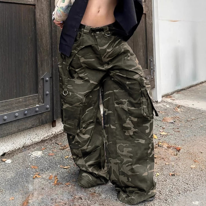Women High-Waist Oversized Cargo-Cord Pants with Multi-Pocket and D-Ring Mune Fashion