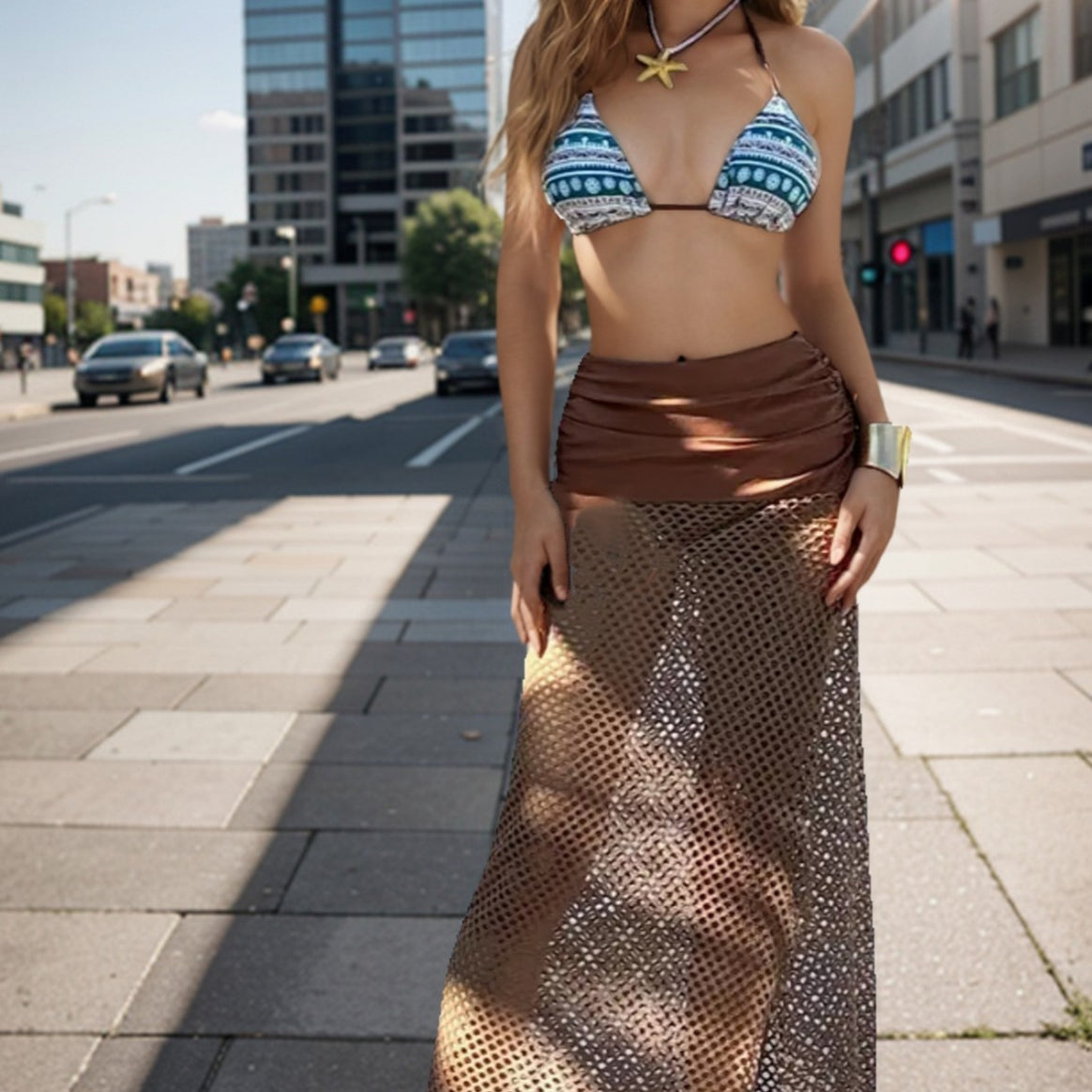 Women's bikini set with geometric print and transparent knitted overlay Mune Fashion