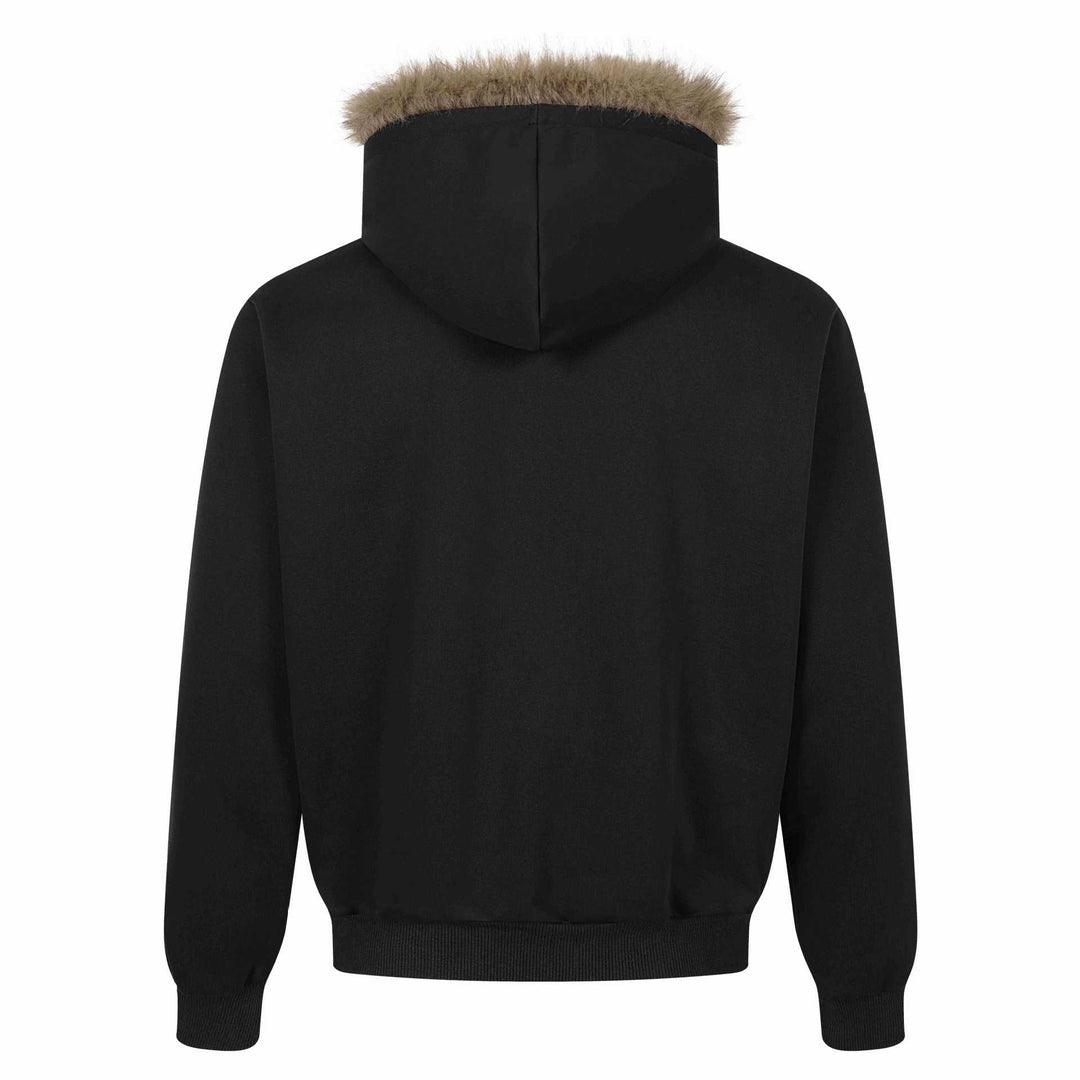 Women's hooded sweatshirt jacket with artificial fur trim, front zip and collage print Mune Fashion